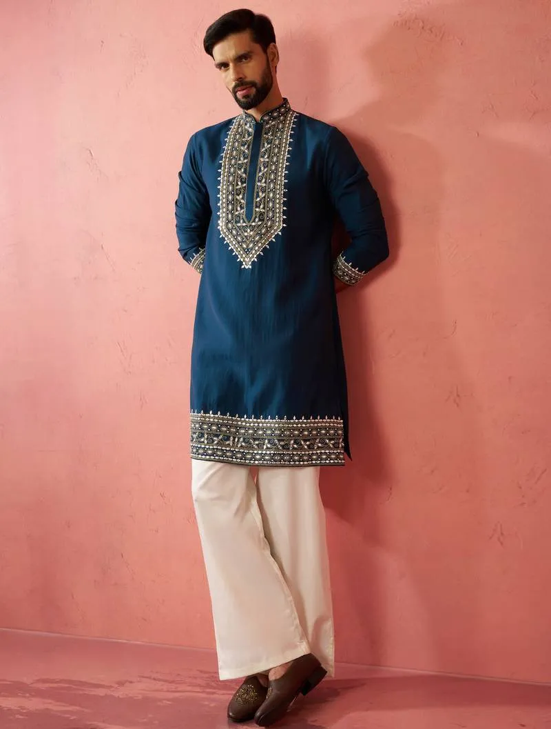 Men's Turquoise Chanderi Kurta Set With Cream Pant Wedding Special